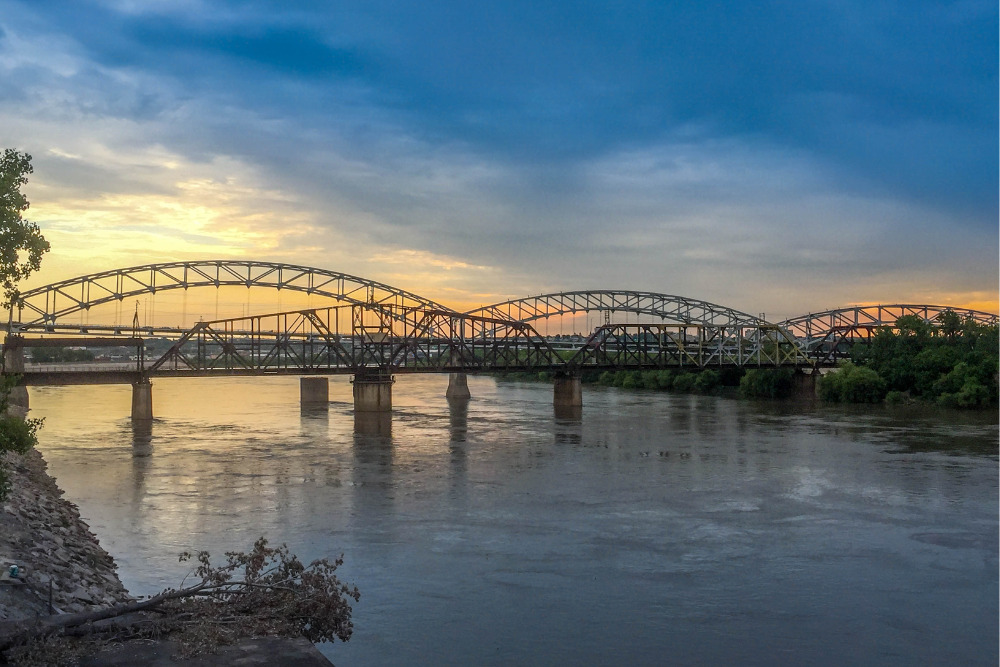 A beautiful sunset shot of Buck O'Neil Bridge in Kansas City, Kansas. kansas City is a best place to live in Kansas.