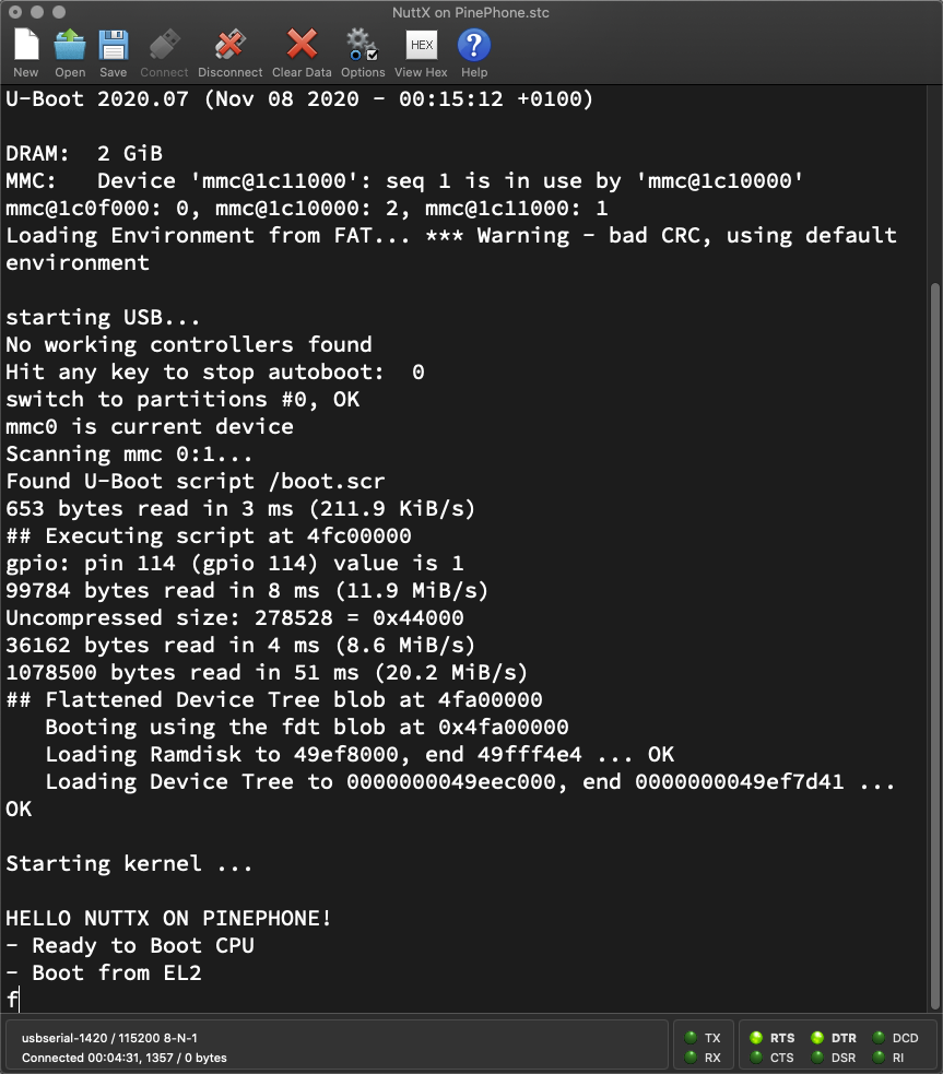 Apache NuttX RTOS booting on Pine64 PinePhone