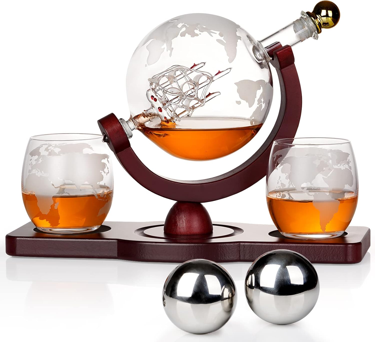 Gifts for Men Dad Fathers Day, Whiskey Decanter Globe Set with 2 Ball Stones & 2 Glasses