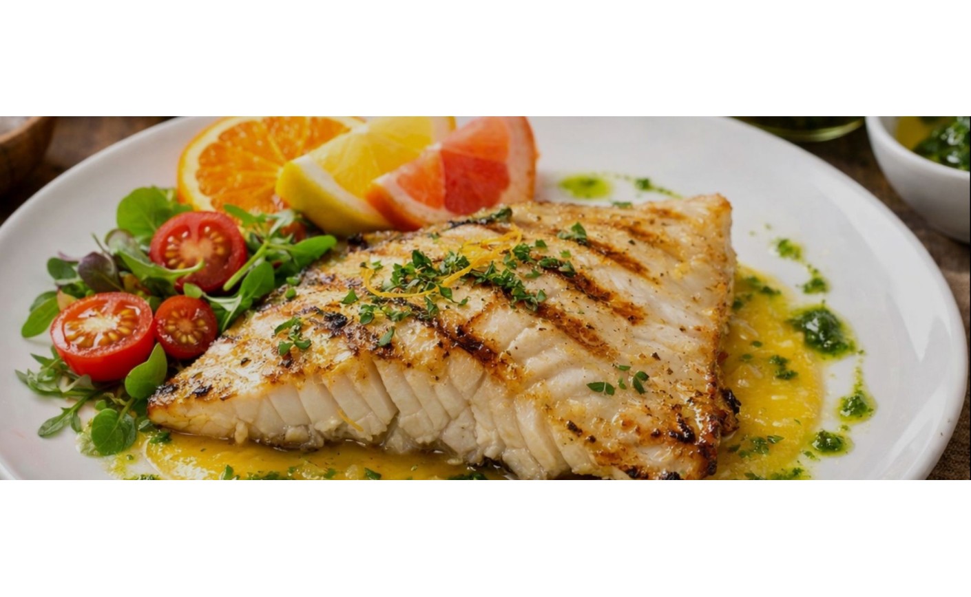 Rey a la plancha con emulsión de cítricos y aceite de hierbas