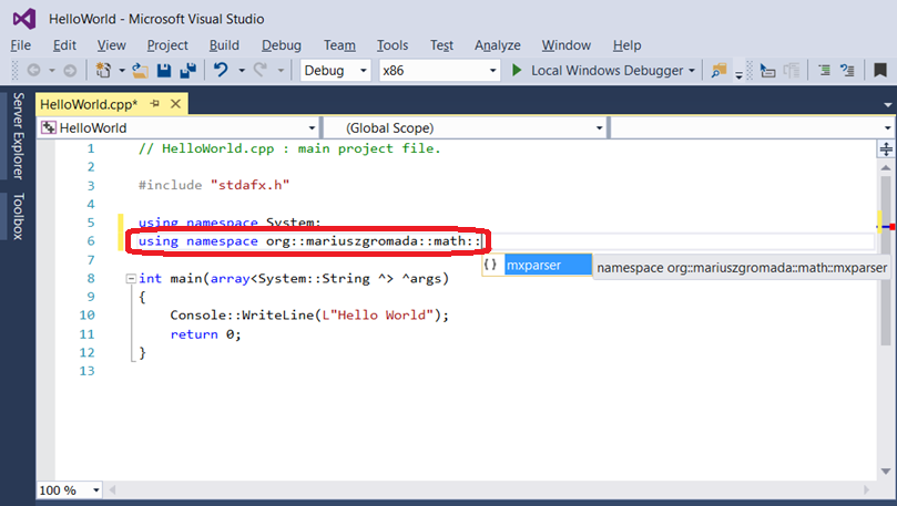 07 - mXparser - Hello World - C++/CLI - Visual Studio 2015