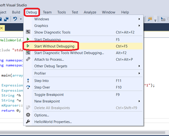 09 - mXparser - Hello World - C++/CLI - Visual Studio 2015