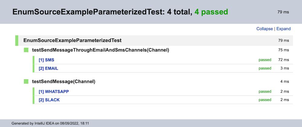 Execution results of the EnumSourceExampleParameterizedTest class with decomposed test methods