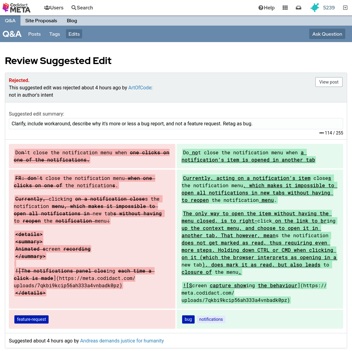 The rejected suggested edit, showing my added details tag on the left hand side