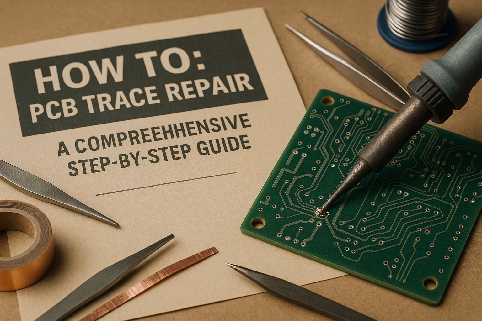 Professional PCB trace repair showing jumper wire method to fix broken copper traces on circuit board