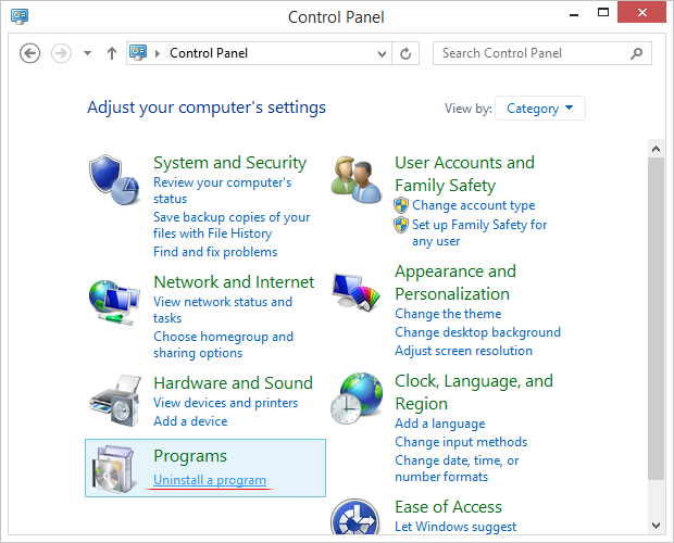 Access program uninstall screen on Windows