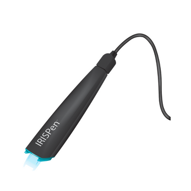 Black mechanical IrisPen shown in the on position with blue lighted tip.