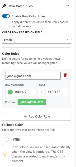 Ninja Forms Views Row Color Rules panel with enable toggle, field selector set to Email, color rule configuration showing background color #6bcb77 and text color #ffffff, plus fallback color option