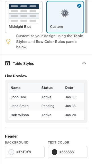 Ninja Forms Views Card Styles panel showing custom theme selector with live preview, color pickers for card background, label color, value color, and border style options
