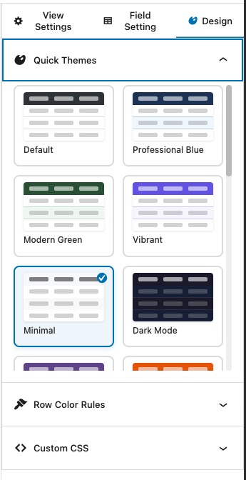 Ninja Forms Views Table Styles panel showing Midnight Blue and Custom theme options with live preview table displaying Name, Status, and Date columns