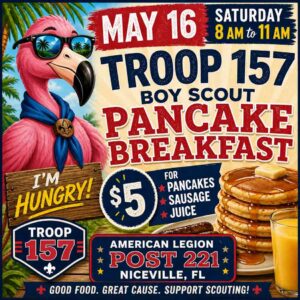 Flyer promoting the Troop 157 pancake breakfast on May 16 at American Legion Post 221 in Niceville.