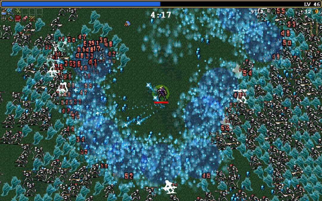 A screenshot from the game Vampire Survivors showing a pixel art battle against a horde of undead
