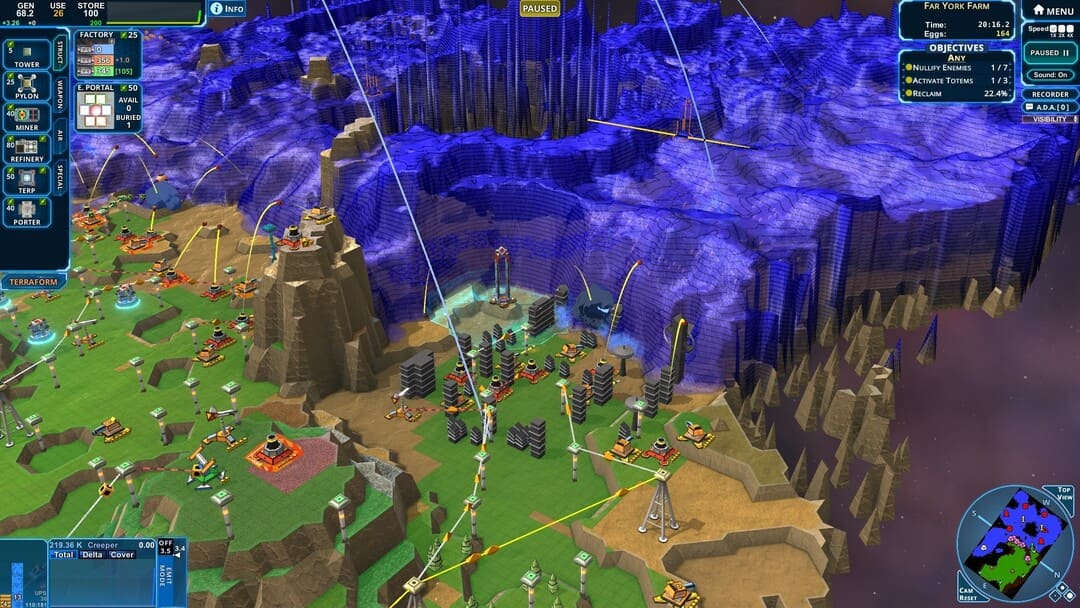 A screenshot from the game Creeper World 4 showing a three dimensional battle between city defenses and a goo