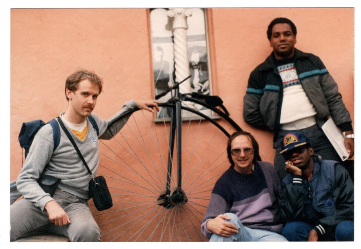 Our family at Portmeirion in Whales (where The Prisoner TV show was filmed in the 60s). Rodney on the right, Mark (me) center, Ken on the left and Andre standing. Our Folk-rock album dropped in '87 :)