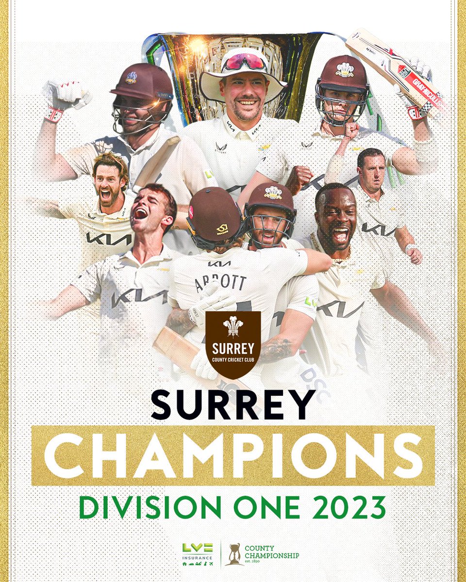 Surrey champions of Division One 2023

Surrey players in front of the LV= Insurance County Championship trophy: Dom Sibley, Rory Burns, Jamie Smith, Jordan Clark, Tom Lawes, Sean Abbott, Kemar Roach, Dan Worrall