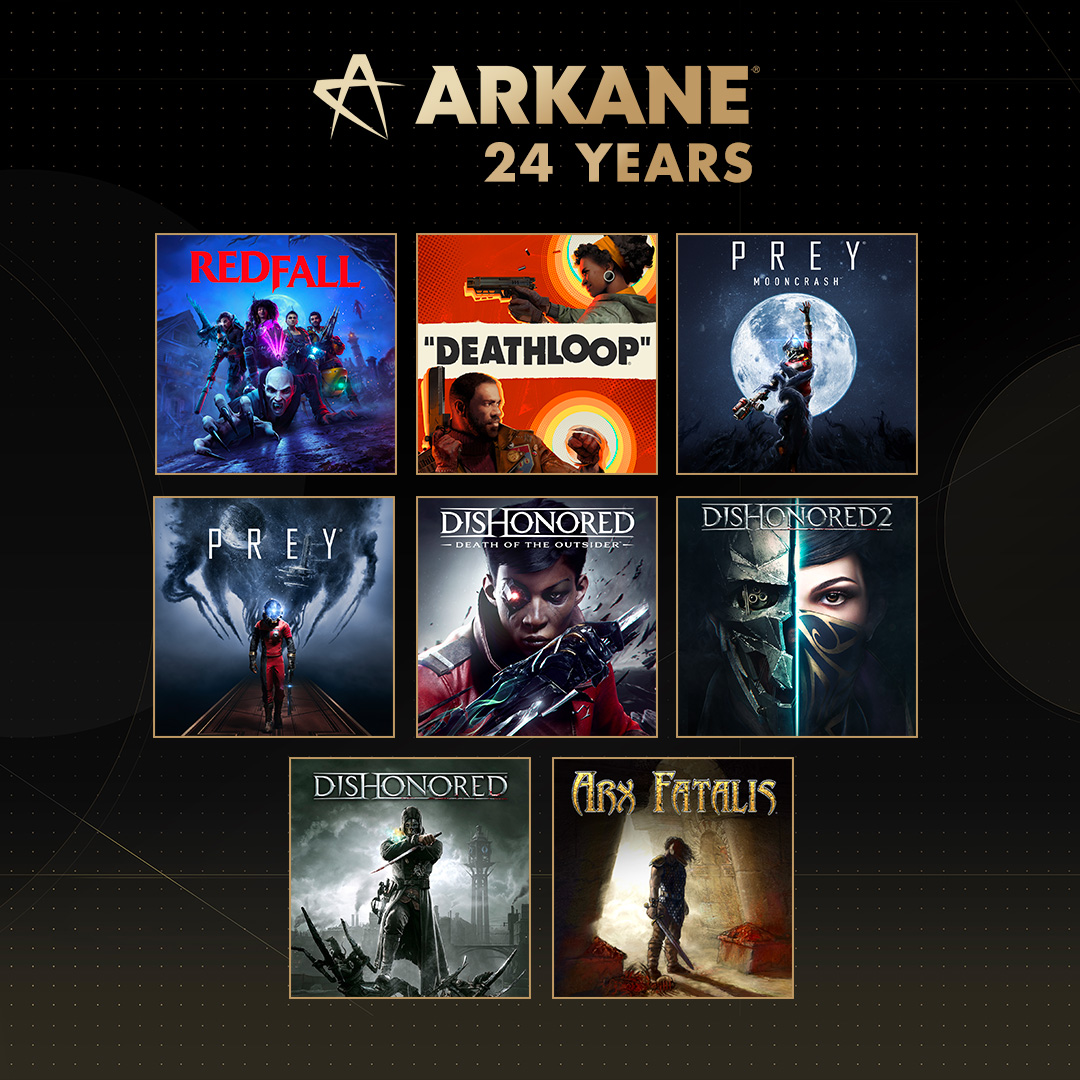 A collage of cover art for games that Arkane Studios have developed. The collage covers, Redfall, DEATHLOOP, Prey Mooncrash, Prey, Dishonored 1, 2, and Death of the Outsider, as well as Arx Fatalis.