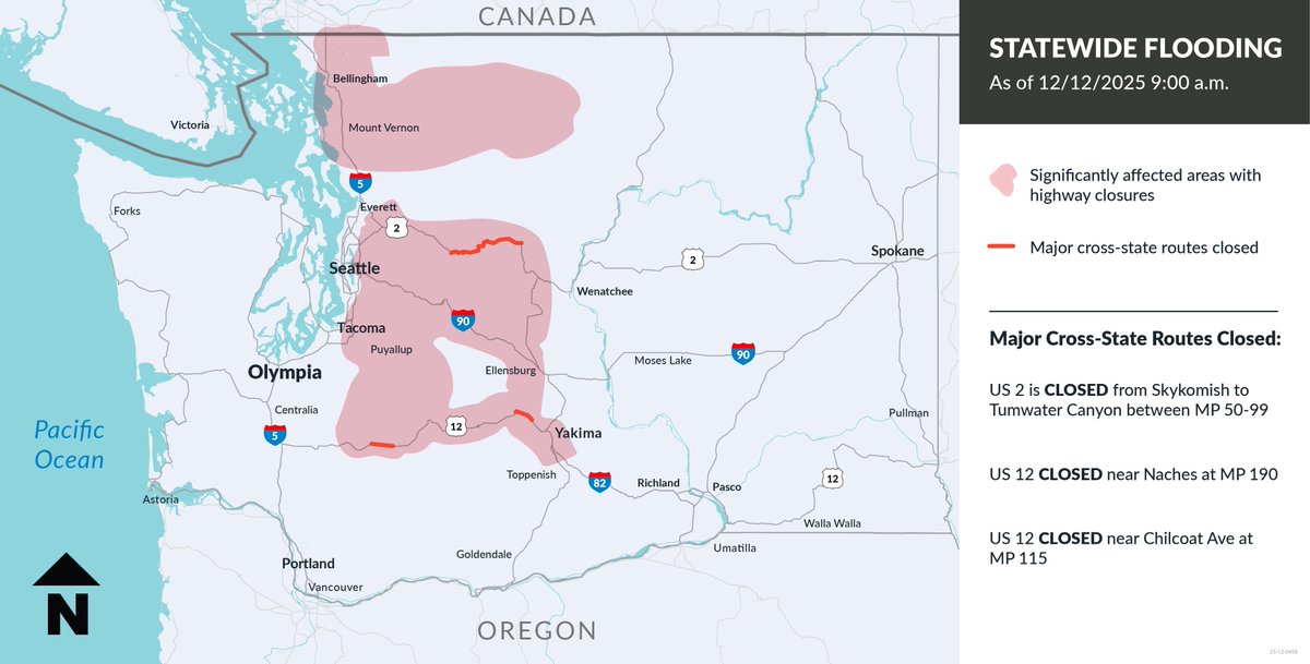 A map of the state of Washington showing shaded blobs in the northwestern and central/western parts of the state that were heavily impacted by flooding this week. Major cross-state routes that are closed are: US 2 between Skykomish and Tumwater Canyon and US 12 near Naches and near Chilcoat Avenue.
