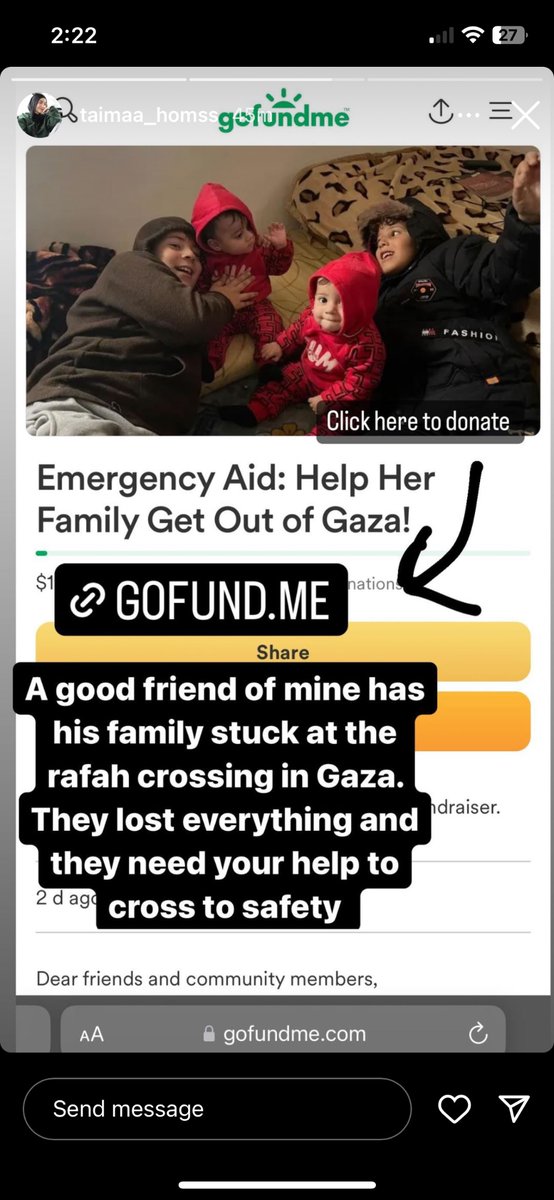 A screenshot of an Instagram story from @taimaa_homss: “A good friend of mine has his family stuck at the rafah crossing in Gaza. They lost everything and need your help to cross to safety.” 