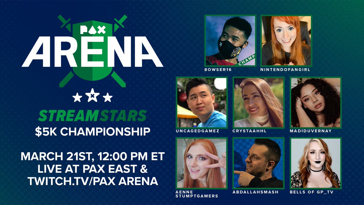 PAX Arena
Stream Stars $5k Championship
March 21st, 12:00 PM ET
Live at PAX East & Twitch.tv/PAXArena
