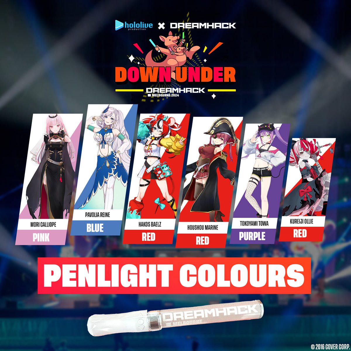 Graphic showcasing hololive talent and respective colours for the official DreamHack Melbourne x hololive Penlight.