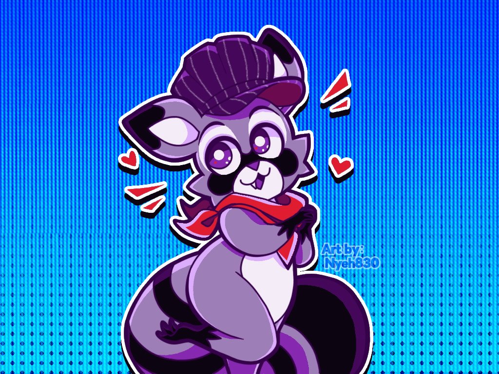Rambley the Raccoon from "Indigo Park" wearing his train conductor hat and looking rather pleased!