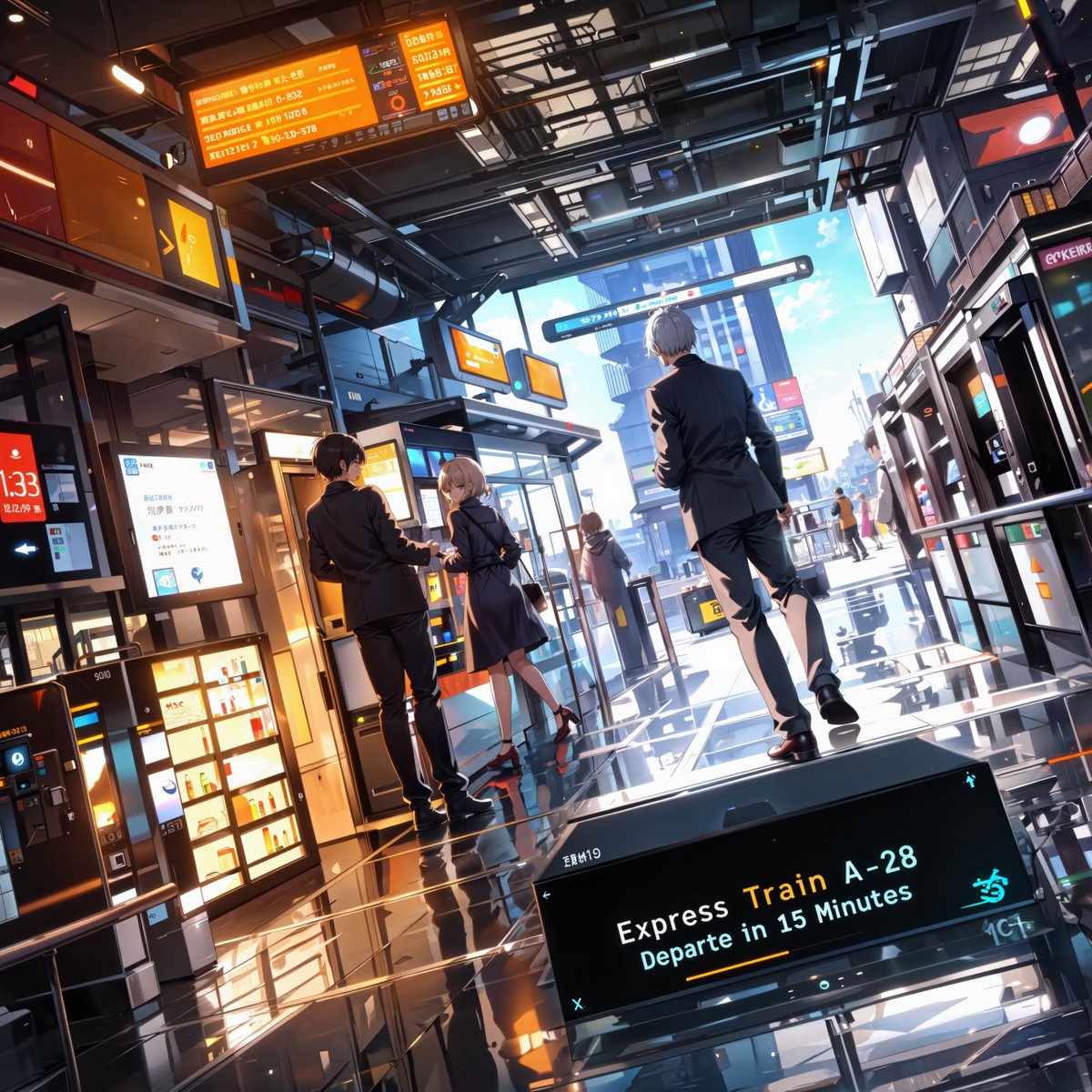 Animated illustration of people coming and going at a train terminal station