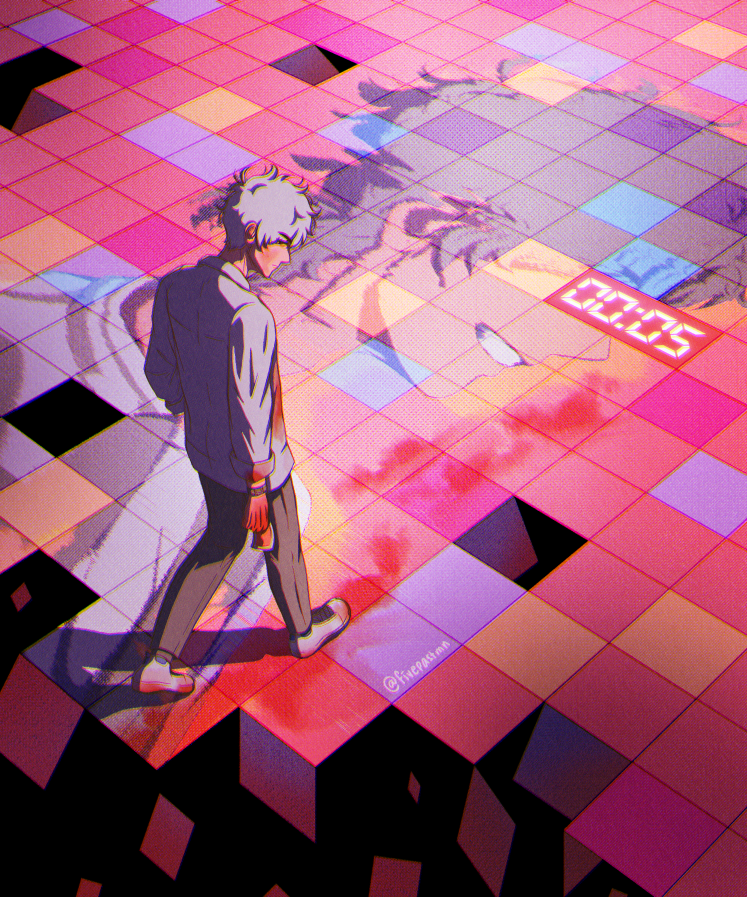 An illustration of Lu Guang walking on crumbling colorful floor tiles that look like small screens. Behind him the tiles are falling apart, revealing a plain black background underneath. Projected/Displayed across the floor-screen is a glitchy, slightly distorted image of Cheng Xiaoshi smiling. His eyes are covered by two red tiles, with white text that reads 00:05 in the style of a digital clock. Lu Guang seems to be walking in this direction. There’s blood on his face, hand, clothes, shoes and on the surface beneath him. He’s looking back at the viewer with a slight glare.