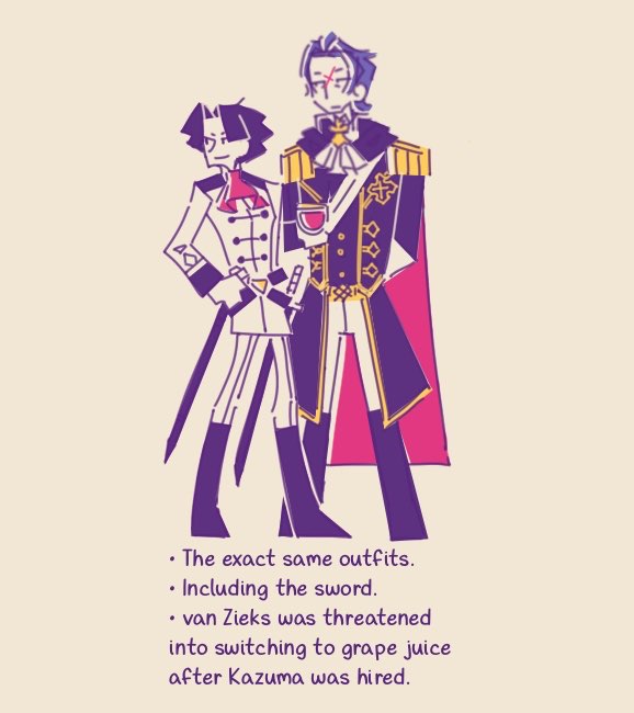 Kazuma and Barok in the exact same outfits as they wear in the 1800's, including Kazuma's sword. van Zieks was threatened into switching to grape juice after he hired Kazuma.