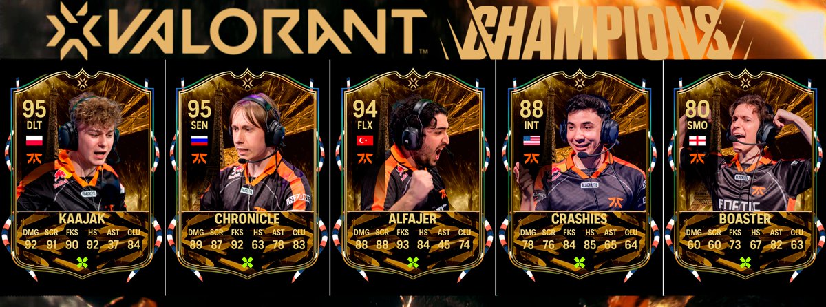 ”Little upgrade” cards are progressive, this means that if one player has two cards of this type, the second one is going to have changes in the rating. Possible changes: +-1, +-2, +-3 or +-5 on Rating, and from +1 to +15 on stats. Previous ratings: Kaajak  -> 93 | Chronicle -> 93 | Alfajer -> 96 | Crashies -> 87 | Boaster -> 85
Both EWC and Stage 2 Regional leagues are counted for the performance of the players. If the player did not play EWC, only Stage 2 is counted