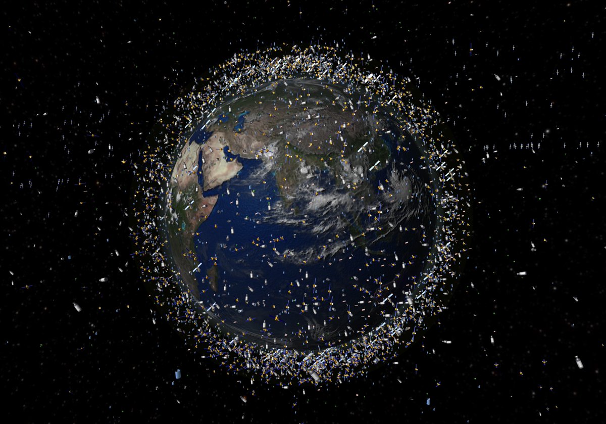 Earth from space surrounded by a dense ring of artificial space debris, including satellites and fragments. Credit: ESA