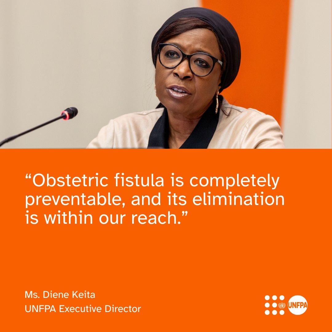 A card with a photo of UNFPA Executive Director Ms. Diene Keita speaking at an event. Below is a quote from her which reads “Obstetric fistula is completely preventable, and its elimination is within our reach.” The UNFPA logo is in the bottom right corner.