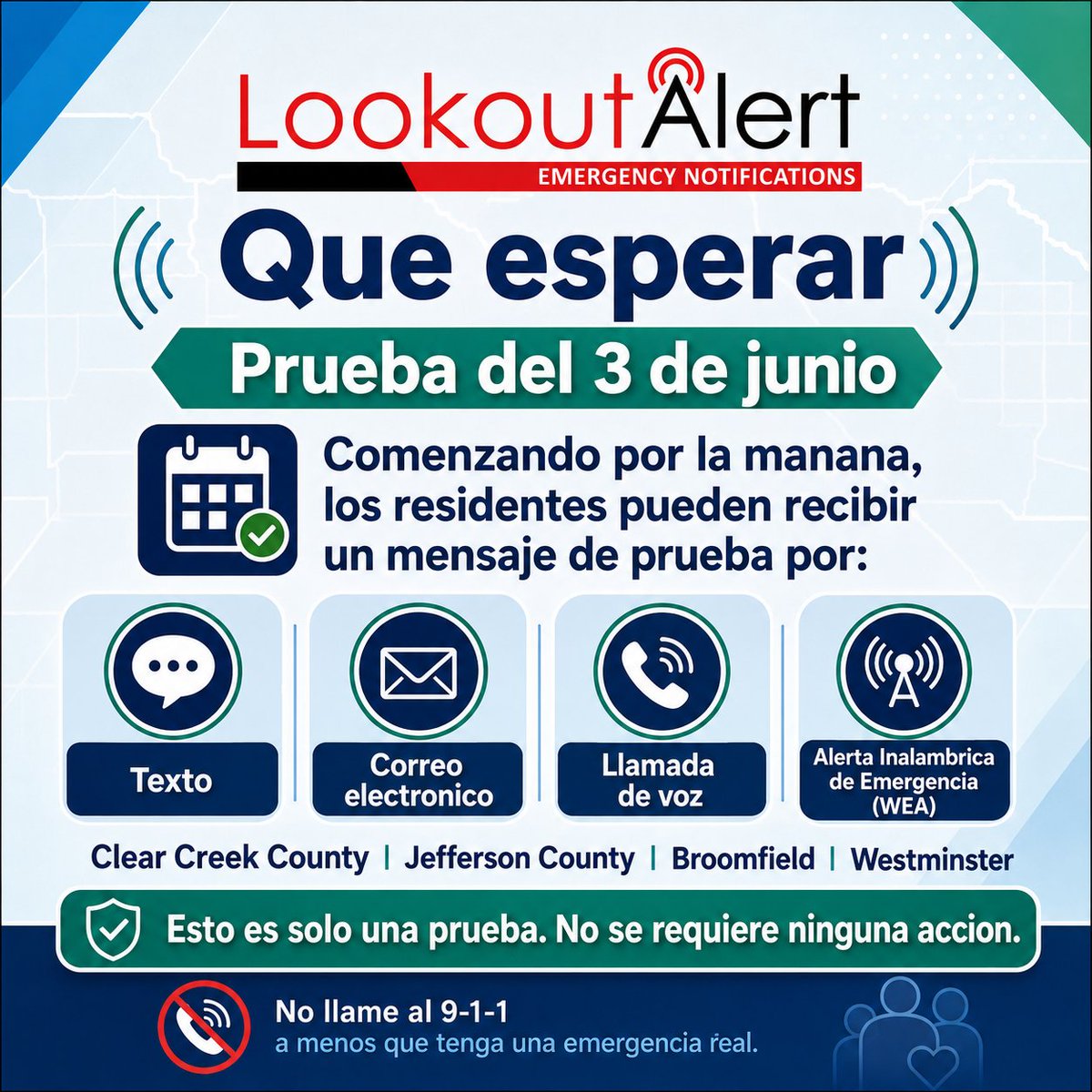 Lookout Alert emergency system test on June 3 sends text, email, voice, and wireless alerts to Clear Creek, Jefferson, Broomfield, and Westminster residents.