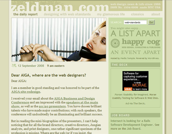 Screenshot: multi-column layout of "Jeffrey Zeldman Presents The Daily Report" from 12 September 2008. One of many designs the site has gone through in its 31-year evolution.