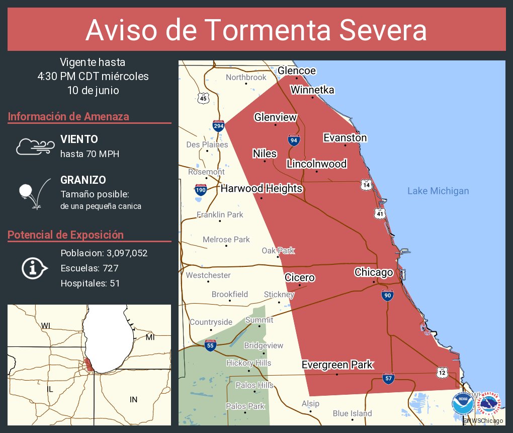 Este gráfico muestra la localización en el mapa de un aviso de tormenta severa. El aviso estará en efecto hasta las 4:30 PM CDT. El aviso incluye a Chicago IL, Cicero IL, Evanston IL. El aviso incluye el este del condado de Dupage Is Cancelled. Las amenazas asociadas a este aviso son: ráfagas de viento de 70 MPH y granizo del tamaño de una pequeña canica. Hay 3,097,052 personas bajo este aviso incluyendo 727 escuelas y 51 hospitales.