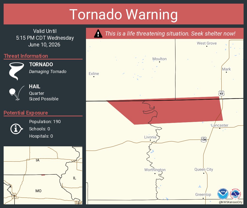 This graphic displays a tornado warning plotted on a map. The warning is in effect until 5:15 PM CDT. The warning includes Putnam County, MO, Schuyler County, MO.  This warning is for Northeastern Putnam County in north central Missouri and Northwestern Schuyler County in northeastern Missouri. The threats associated with this warning are a radar indicated tornado and quarter sized hail. There are 190 people in the warning along with 0 schools and 0 hospitals.