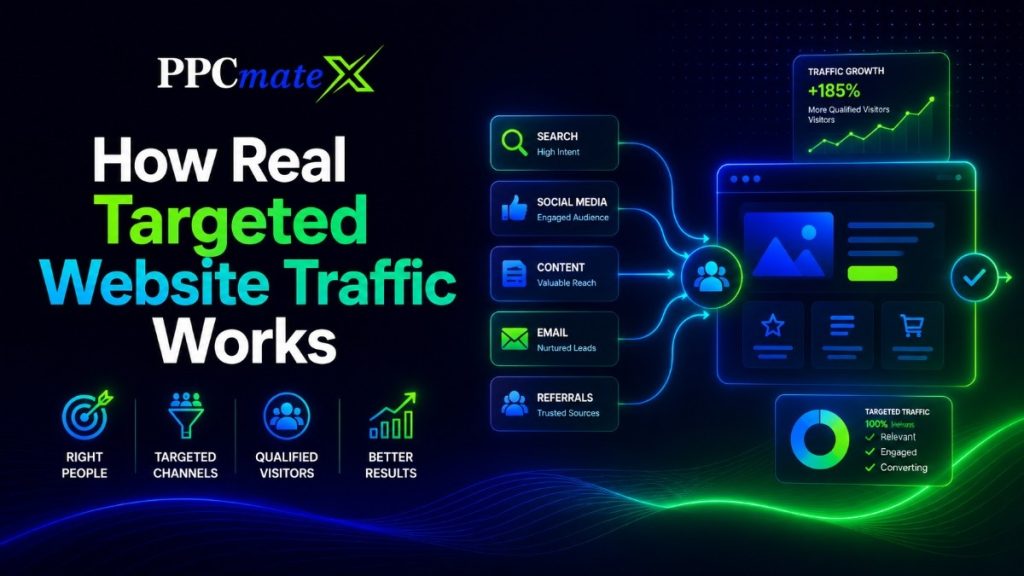 Infografica che illustra il funzionamento del traffico web realmente mirato, mostrando le regole del pubblico, i canali di traffico, i visitatori qualificati e i risultati di crescita.