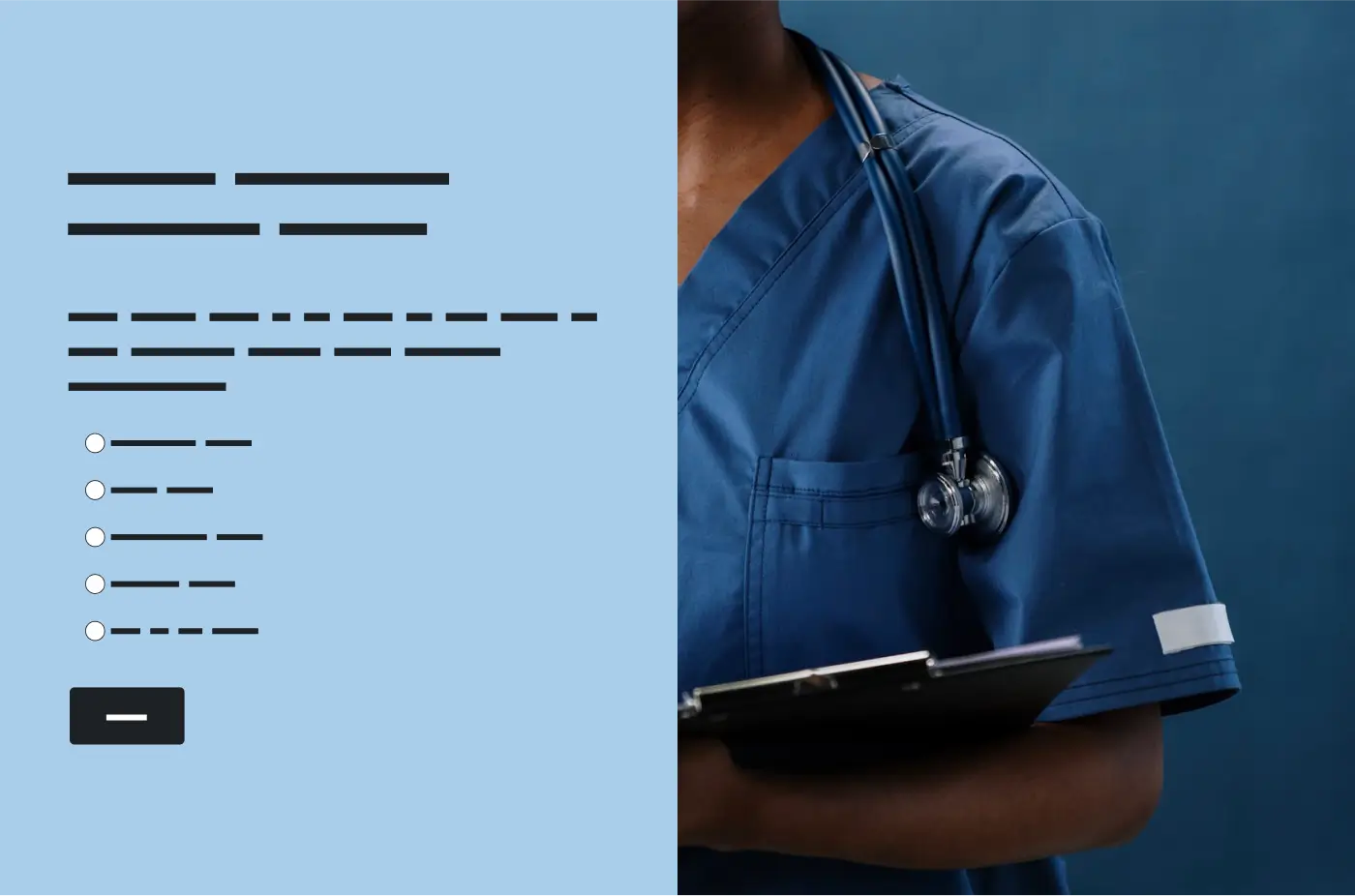 Personne en blouse médicale tenant un porte-bloc, avec à côté une question de sondage