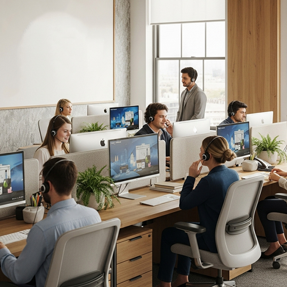 Call center agents in a modern office setting, wearing headsets and engaged with computers, reflecting professional customer service for home services businesses.