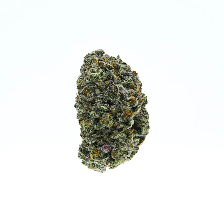 Close-up of Carolina Sweet Frost THCA flower showing dense trichomes, deep greens, and hand-trimmed indoor-grown bud by Pure Roots Botanicals