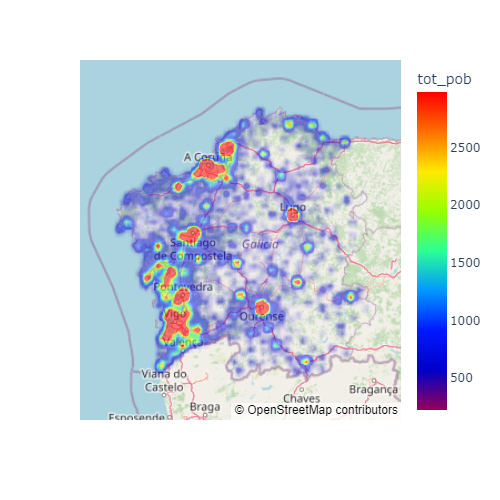 Heat map on a map (spatial heat map) in plotly