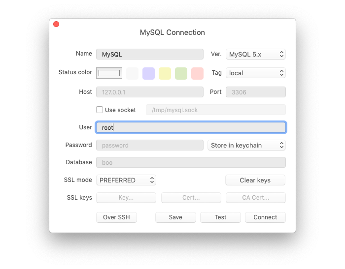 MySQLの接続情報を入力