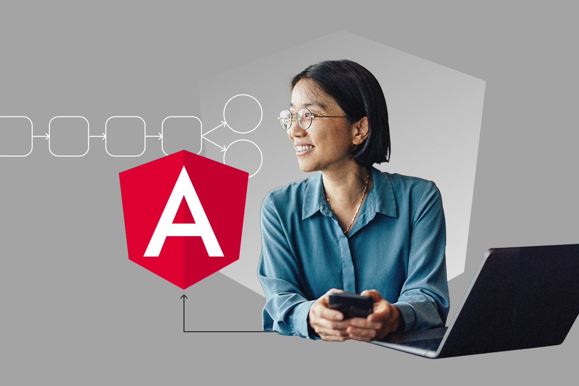 angular logo with a woman sitting on the right holding her phone and looking to her right with a laptop in front of her