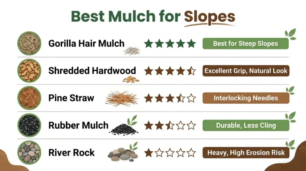 Best mulch types for slopes infographic comparing gorilla hair mulch, shredded hardwood, pine straw, rubber mulch, and river rock by slope suitability rating
