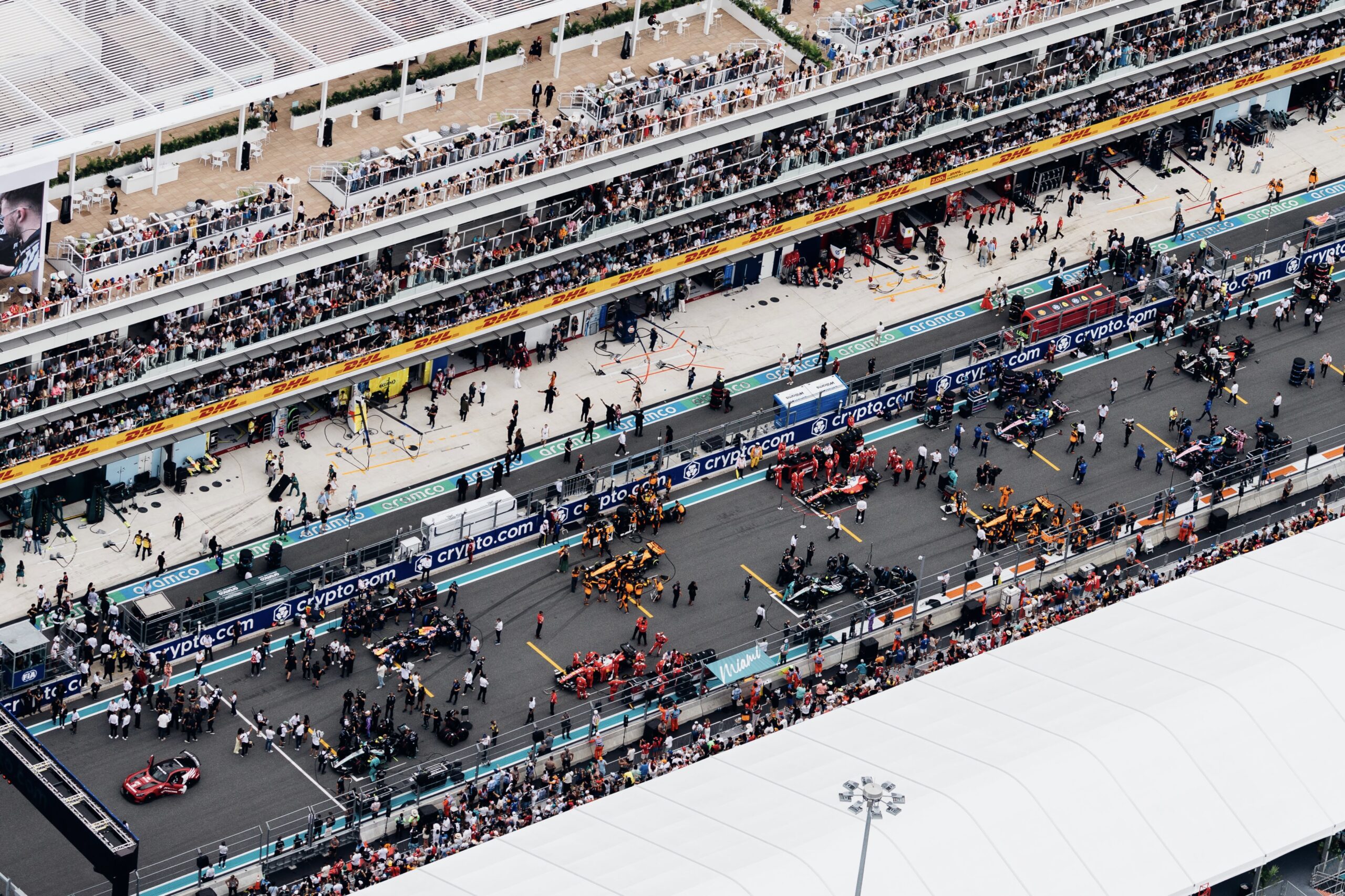 Aerial view of cars lined up at start/finish line of Miami Grand Prix