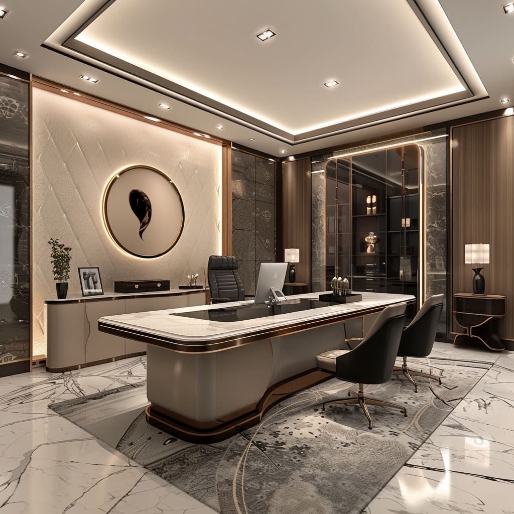 This image showcases a luxurious, modern executive office with a sophisticated color palette of cream, gold, and charcoal. The room is characterized by high-end materials and layered, ambient lighting.