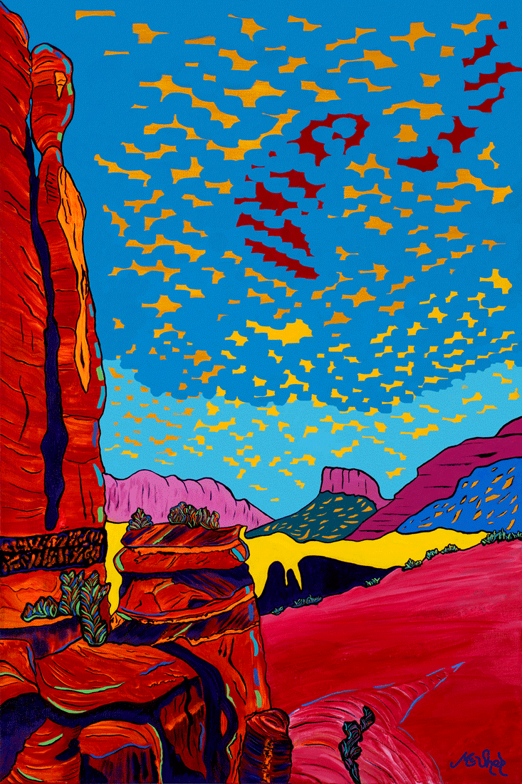 "Lover's View" A painting by Sedona artist Clark Sheppard—luminous Cathedral Rock desert landscape, vivid Sedona artwork inspired by the lovers' legend.