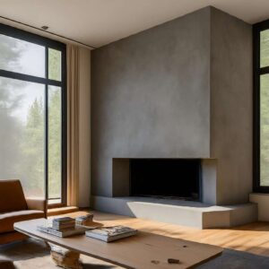 Microcement Polished Fireplace Surround wall in Light Grey color.