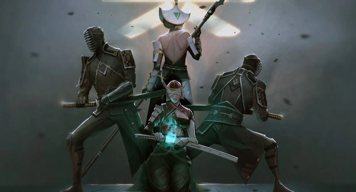 Codes 3 A dynamic group of four stylized warriors, wearing masks and armor, brandishing swords and exuding a powerful, mysterious aura.