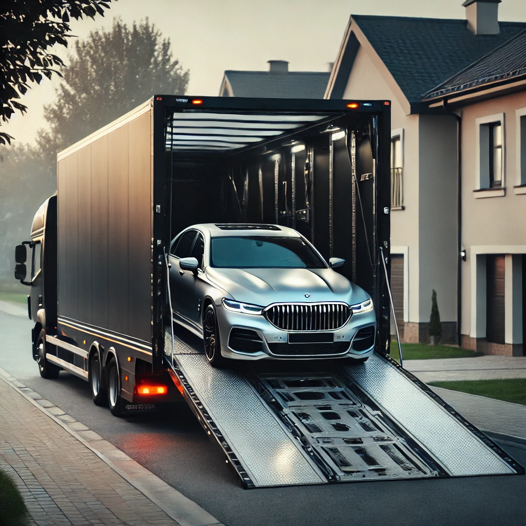 A luxury vehicle is being unloaded in a residential area as part of a premium car shipping service.