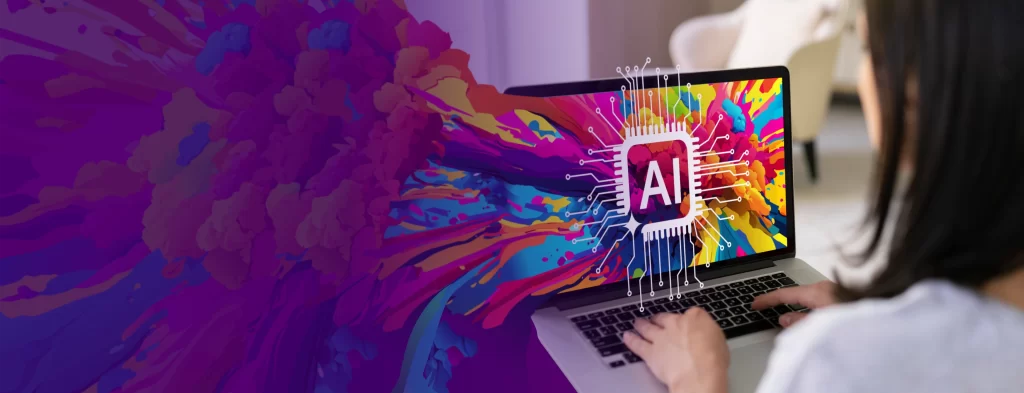 Close-up of a laptop with colorful abstract splashes on the screen and an AI logo, with a person’s hands typing on the keyboard